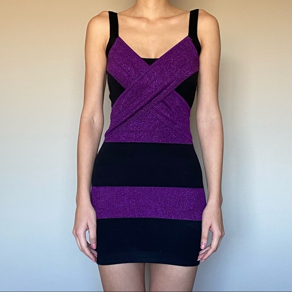 Bandage style dress in purple and black. Size small. - Picture 1 of 7
